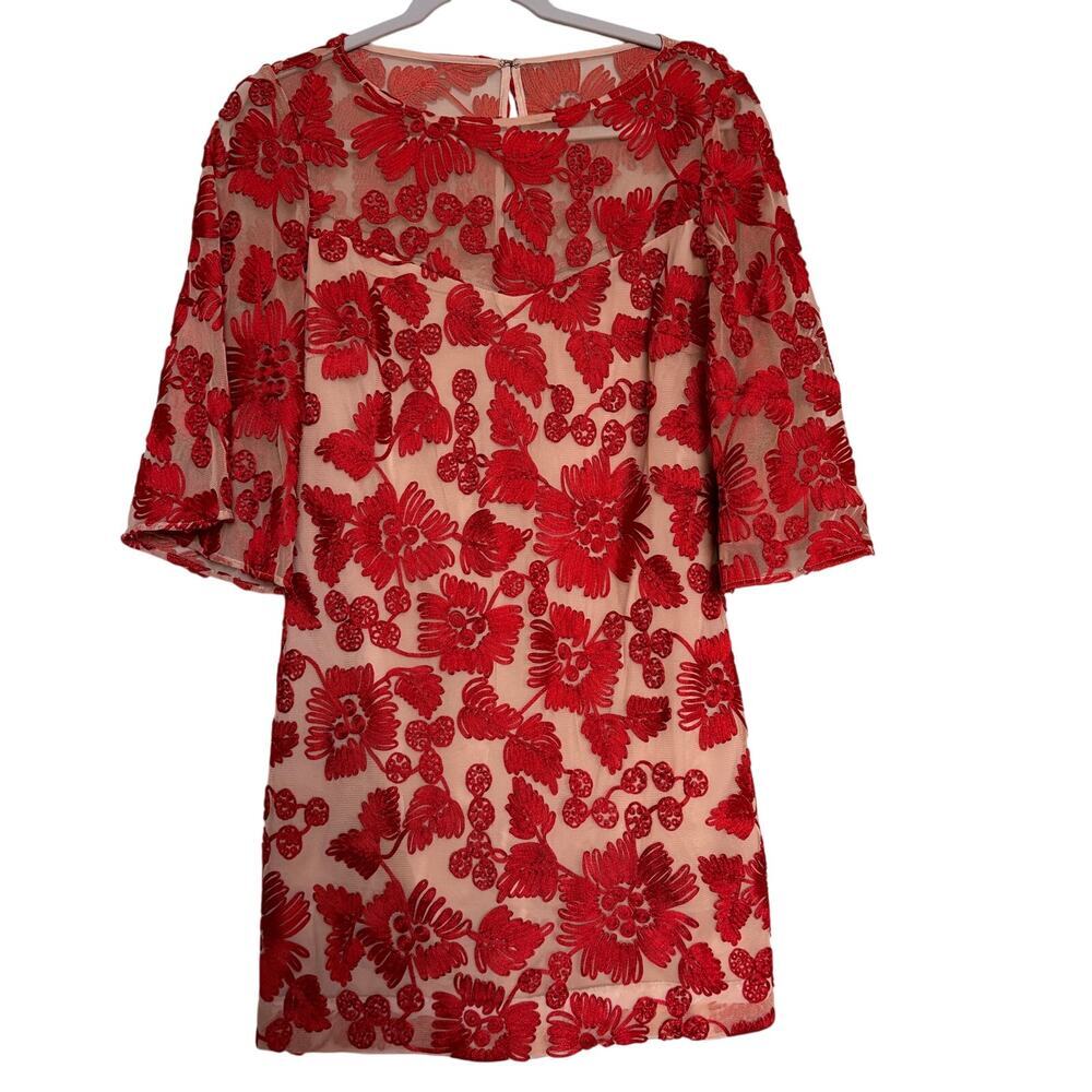 Trina Turk Red Floral Embroidered Illusion SheathDress 2 Cocktail designer